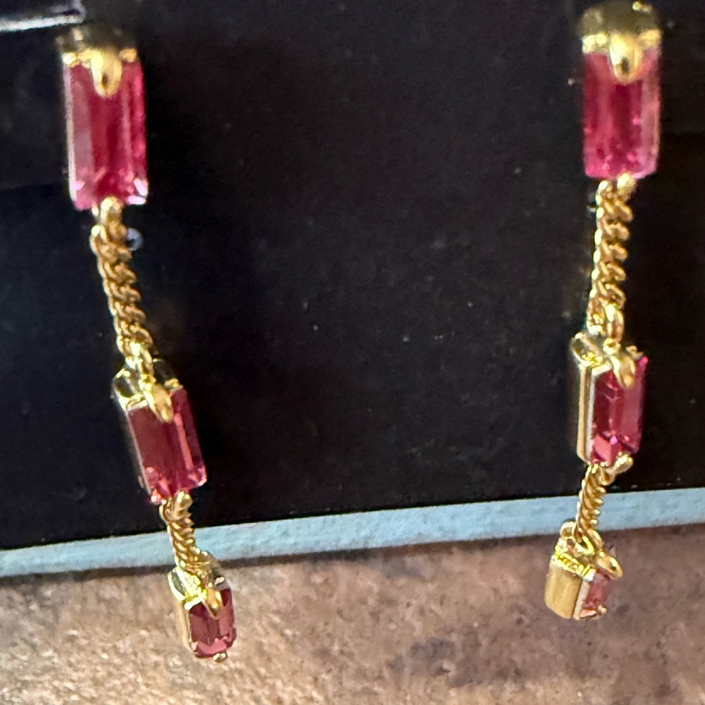 NWT AQUA Three Stone Linear Gold And Pink Earrings - Picture 7 of 10